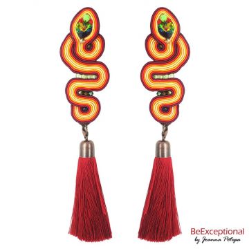 Hand embroidered earrings Snake with attached tassel.
